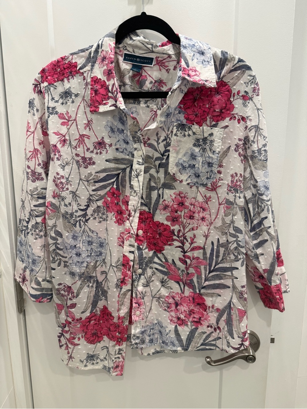 Karen Scott White Blouse with Pink & Blue Floral Print